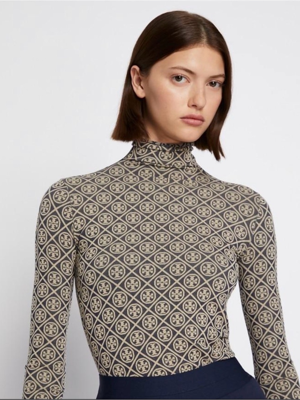 Tory Burch Beige and Black Geometric Turtleneck Long-Sleeve Dress